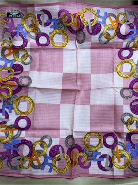 Celine Pink Check Scarf with Multicolor Ring Motifs